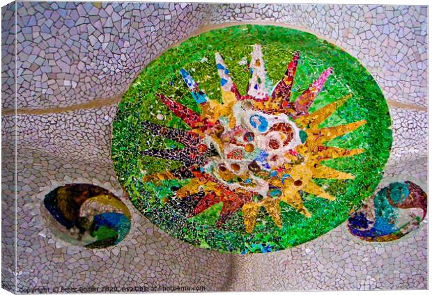 Mosaic in a ceiling by Antoni Gaudi at Park Guell public park in Barcelona. Canvas Print by Peter Bolton