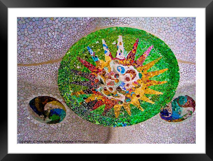 Mosaic in a ceiling by Antoni Gaudi at Park Guell public park in Barcelona. Framed Mounted Print by Peter Bolton