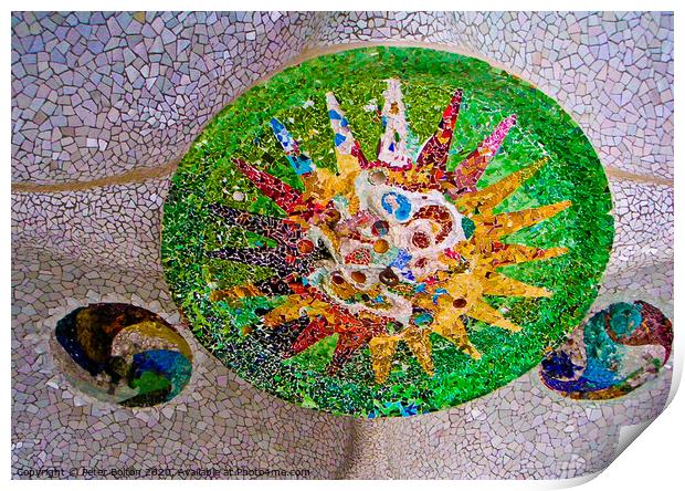Mosaic in a ceiling by Antoni Gaudi at Park Guell public park in Barcelona. Print by Peter Bolton