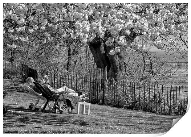 Couple chilling out on recliners on the slopes at Westcliff on Sea, Essex. Print by Peter Bolton
