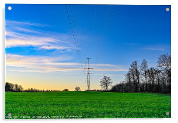 green field and blue sky with electric cables Acrylic by Jonas Rönnbro
