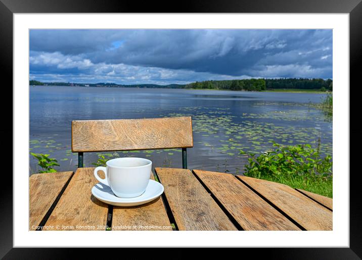 coffee cup on wooden table near lake Framed Mounted Print by Jonas Rönnbro