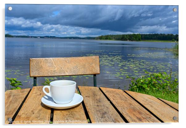 coffee cup on wooden table near lake Acrylic by Jonas Rönnbro