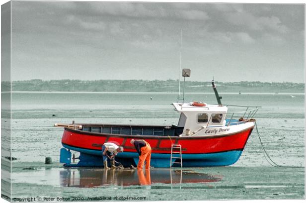 Fishermen maintain their boat at Thorpe Bay, Thames Estuary, Essex. Canvas Print by Peter Bolton