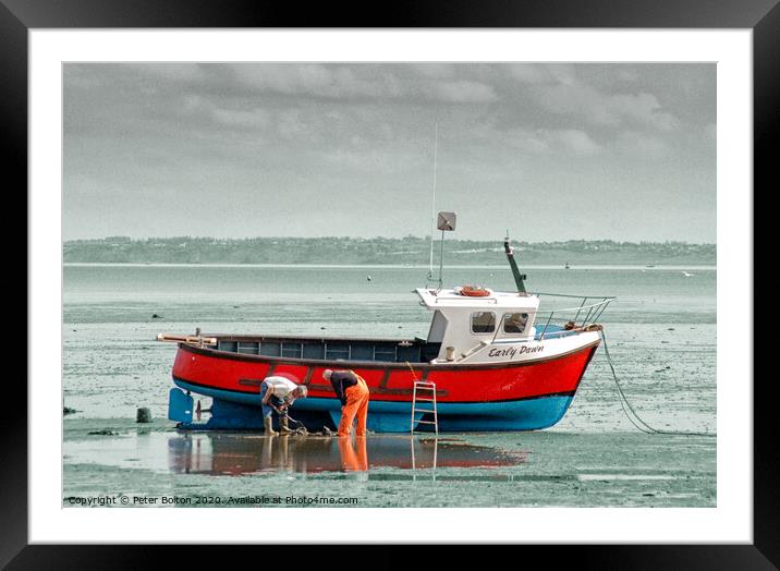 Fishermen maintain their boat at Thorpe Bay, Thames Estuary, Essex. Framed Mounted Print by Peter Bolton