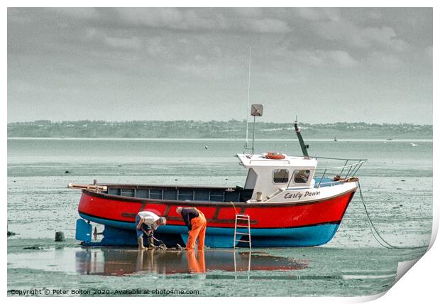 Fishermen maintain their boat at Thorpe Bay, Thames Estuary, Essex. Print by Peter Bolton