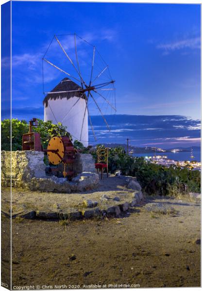 Dusk Windmill at Mykonos, Greece Canvas Print by Chris North