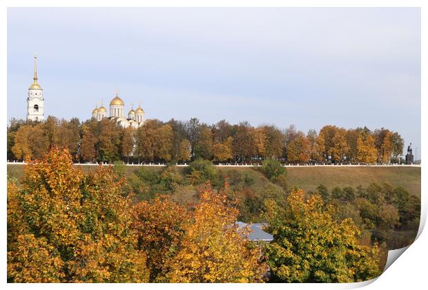 Autumn, trees with yellow leaves and a white Church with Golden domes. Print by Karina Osipova
