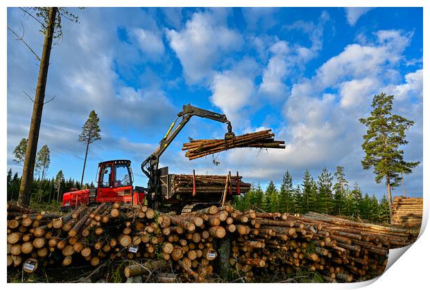 Forest machine lifting timber to a pile of timber Print by Jonas Rönnbro