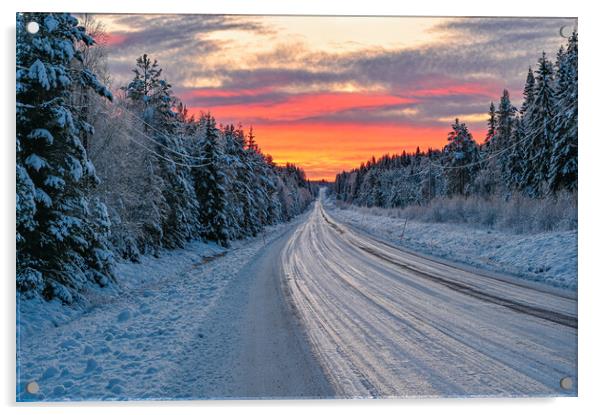 winter road in Varmland Sweden and orange sunrise Acrylic by Jonas Rönnbro