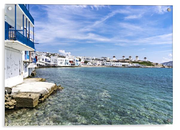 Mykonos waterfront. Acrylic by Chris North