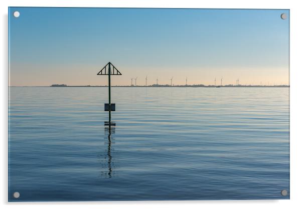 Seashore marker post and wind turbines Acrylic by Gary Eason