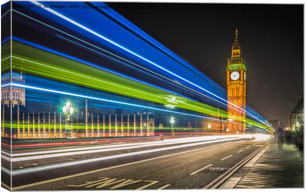 Light trails in front of the Houses of Parliament, Canvas Print by Jo Sowden