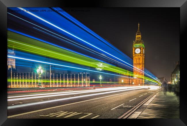 Light trails in front of the Houses of Parliament, Framed Print by Jo Sowden