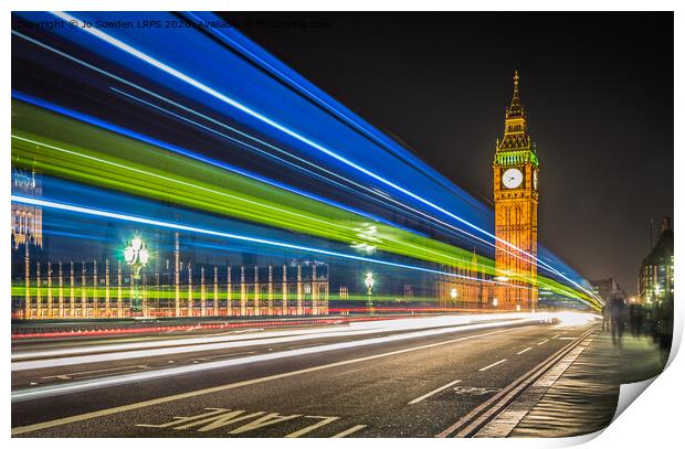 Light trails in front of the Houses of Parliament, Print by Jo Sowden