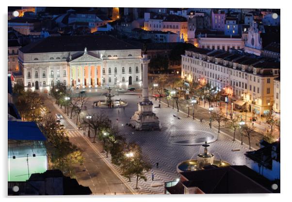 Rossio Square at Night in Portugal Acrylic by Artur Bogacki