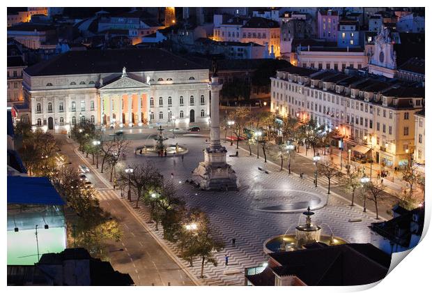 Rossio Square at Night in Portugal Print by Artur Bogacki