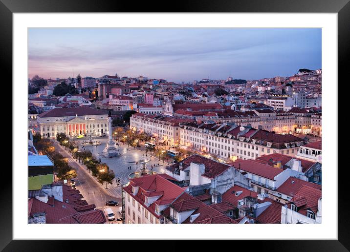 View Over Lisbon City At Dusk In Portugal Framed Mounted Print by Artur Bogacki