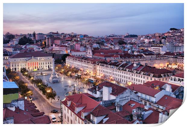 View Over Lisbon City At Dusk In Portugal Print by Artur Bogacki