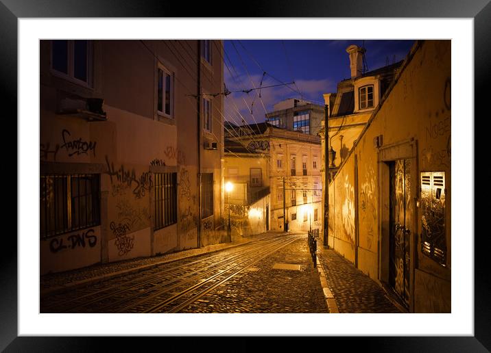 Calcada da Gloria Street at Night in Lisbon Framed Mounted Print by Artur Bogacki