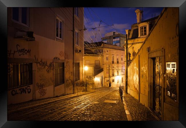 Calcada da Gloria Street at Night in Lisbon Framed Print by Artur Bogacki