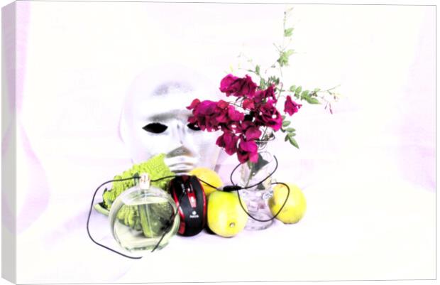 Broccoli, lemons, perfume, a mouse, a,mask and flowers in high key Canvas Print by Jose Manuel Espigares Garc