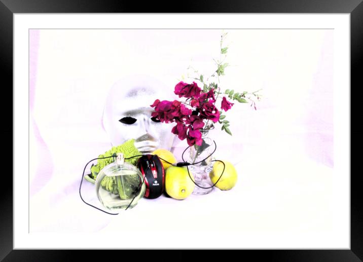 Broccoli, lemons, perfume, a mouse, a,mask and flowers in high key Framed Mounted Print by Jose Manuel Espigares Garc