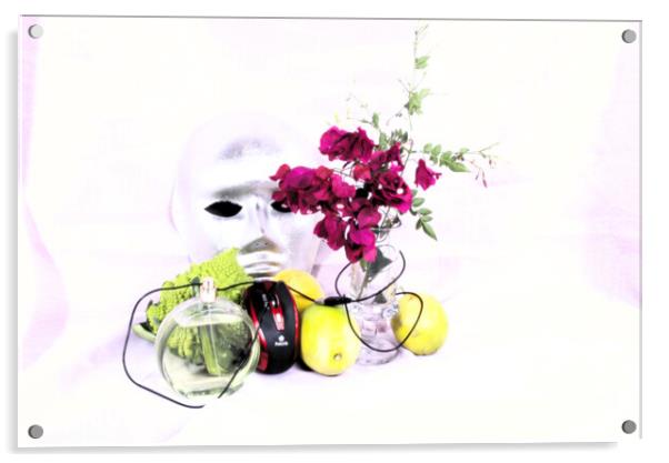 Broccoli, lemons, perfume, a mouse, a,mask and flowers in high key Acrylic by Jose Manuel Espigares Garc
