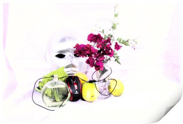 Broccoli, lemons, perfume, a mouse, a,mask and flowers in high key Print by Jose Manuel Espigares Garc