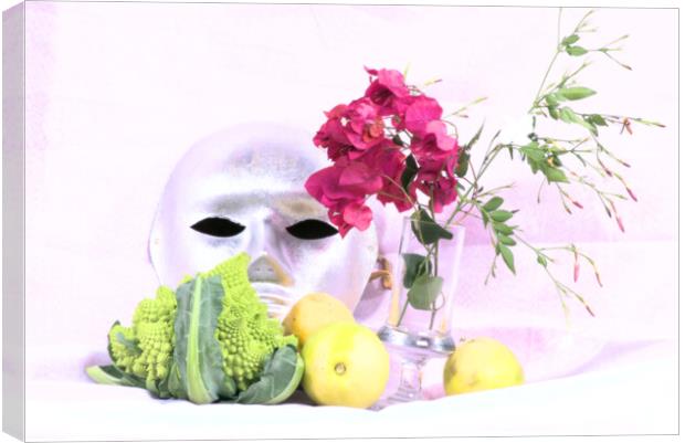 Broccoli, lemons, mask and flowers in high key Canvas Print by Jose Manuel Espigares Garc