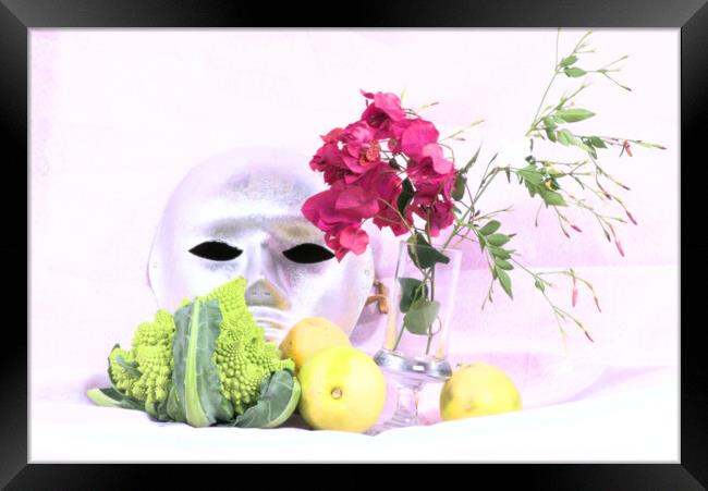 Broccoli, lemons, mask and flowers in high key Framed Print by Jose Manuel Espigares Garc