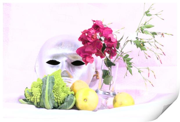 Broccoli, lemons, mask and flowers in high key Print by Jose Manuel Espigares Garc