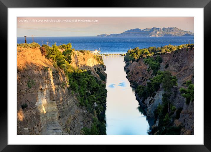 View of the Corinth Canal in Greece, the shortest European canal 6.3 km long, connecting the Aegean and Ionian Seas. Framed Mounted Print by Sergii Petruk