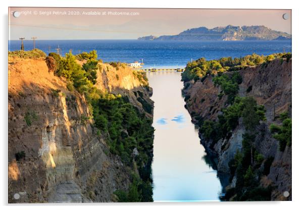 View of the Corinth Canal in Greece, the shortest European canal 6.3 km long, connecting the Aegean and Ionian Seas. Acrylic by Sergii Petruk