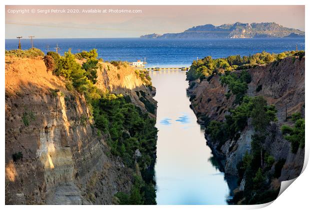 View of the Corinth Canal in Greece, the shortest European canal 6.3 km long, connecting the Aegean and Ionian Seas. Print by Sergii Petruk
