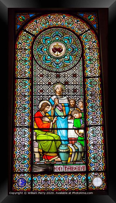 Stained Glass Window Jesus Mary Cana Monastery Montserrat Catalonia Spain Framed Print by William Perry