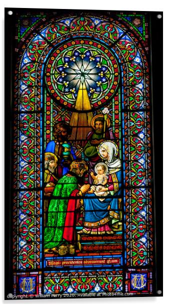Stained Glass Magi Three Kings Baby Jesus Mary Montserrat Catalonia Spain Acrylic by William Perry