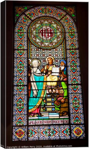 Stained Glass Window Young Jesus Mary Temple Montserrat Catalonia Spain Canvas Print by William Perry