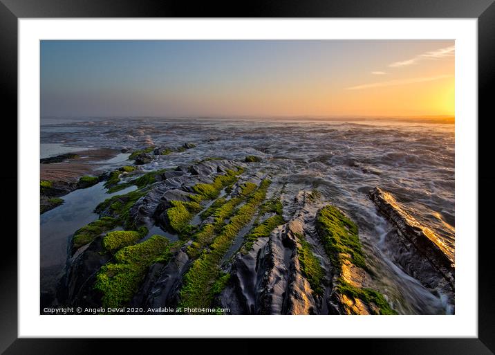 Coming Beach Sunset Waves on Schist Framed Mounted Print by Angelo DeVal