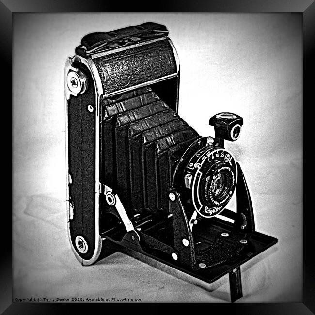 Voigtlander Vintage Film Camera in Black and White Framed Print by Terry Senior