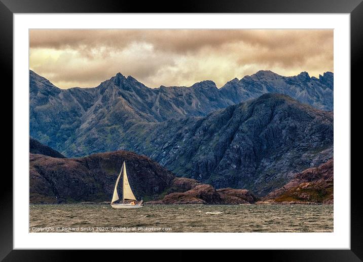 A yacht crosses Loch na Cuilce in front of the Cuillins Framed Mounted Print by Richard Smith