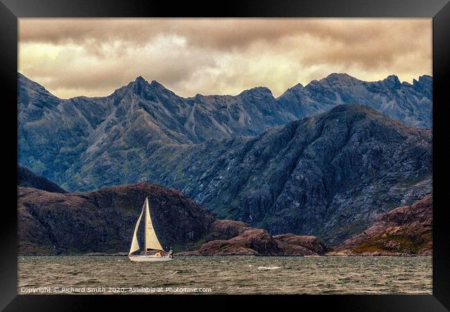 A yacht crosses Loch na Cuilce in front of the Cuillins Framed Print by Richard Smith