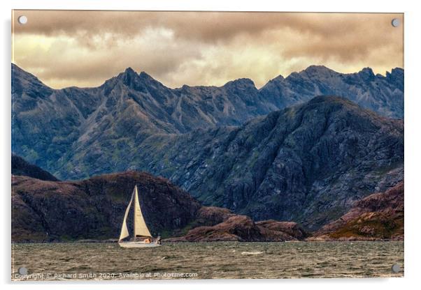 A yacht crosses Loch na Cuilce in front of the Cuillins Acrylic by Richard Smith