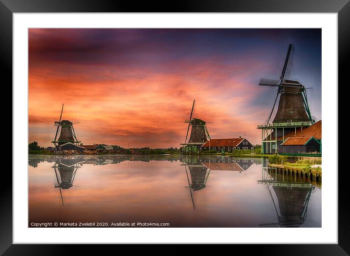 Zaanse Schans Windmills at sunset with reflections. Framed Mounted Print by Marketa Zvelebil