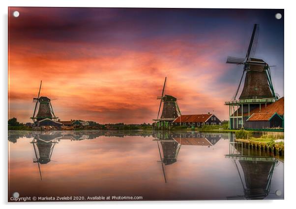 Zaanse Schans Windmills at sunset with reflections. Acrylic by Marketa Zvelebil