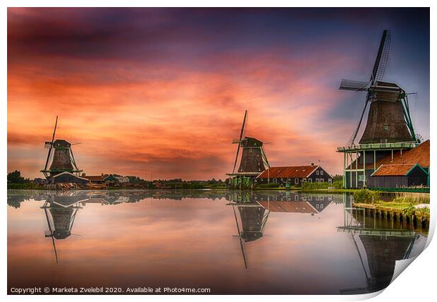 Zaanse Schans Windmills at sunset with reflections. Print by Marketa Zvelebil