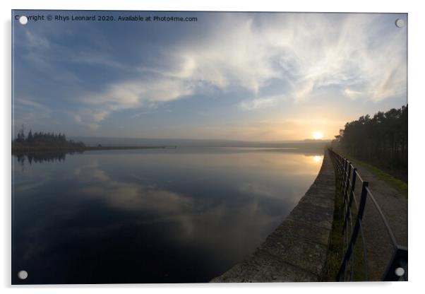 Mirrored sunset in water at redmires reservoir, fish eye perspective Acrylic by Rhys Leonard
