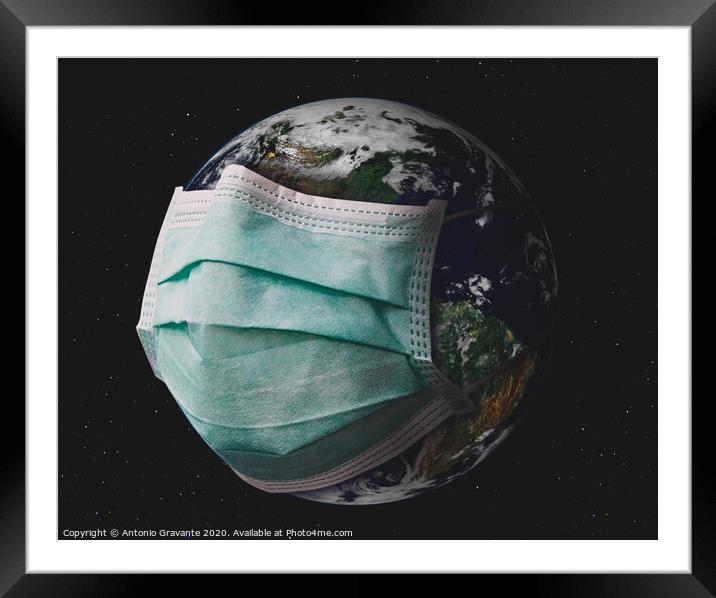 Planet earth with surgical mask. Framed Mounted Print by Antonio Gravante