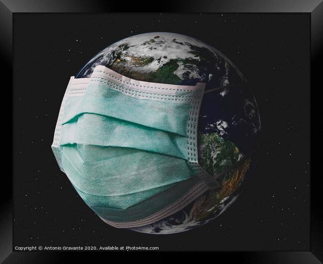 Planet earth with surgical mask. Framed Print by Antonio Gravante