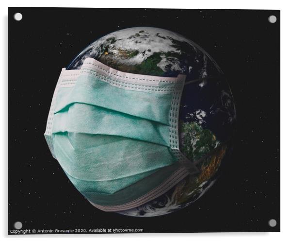 Planet earth with surgical mask. Acrylic by Antonio Gravante